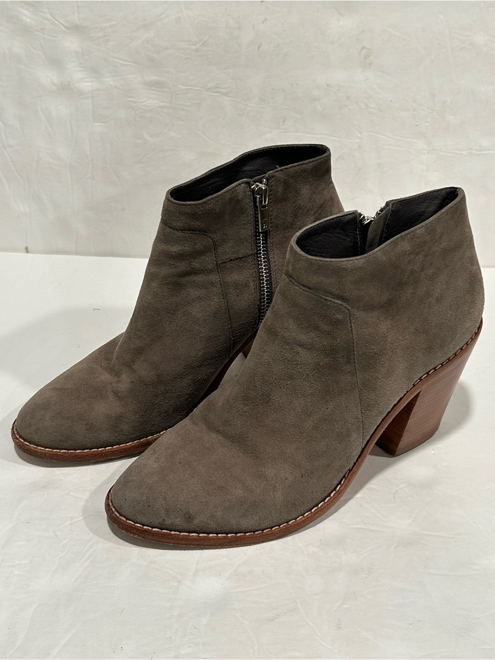 Loeffler Randall Ella Neutral Taupe Suede Stacked Heel Ankle Boots Women's 9.5